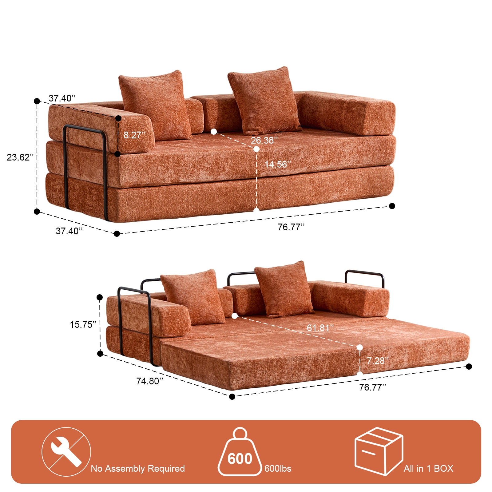 Floor Couch,Compression Sofa,Convertible Floor Sofa Bed-with Pillow Back Support Armrest,Comfy Futon Couch Lounge Sleeper Bed (Orange)_voghion.com